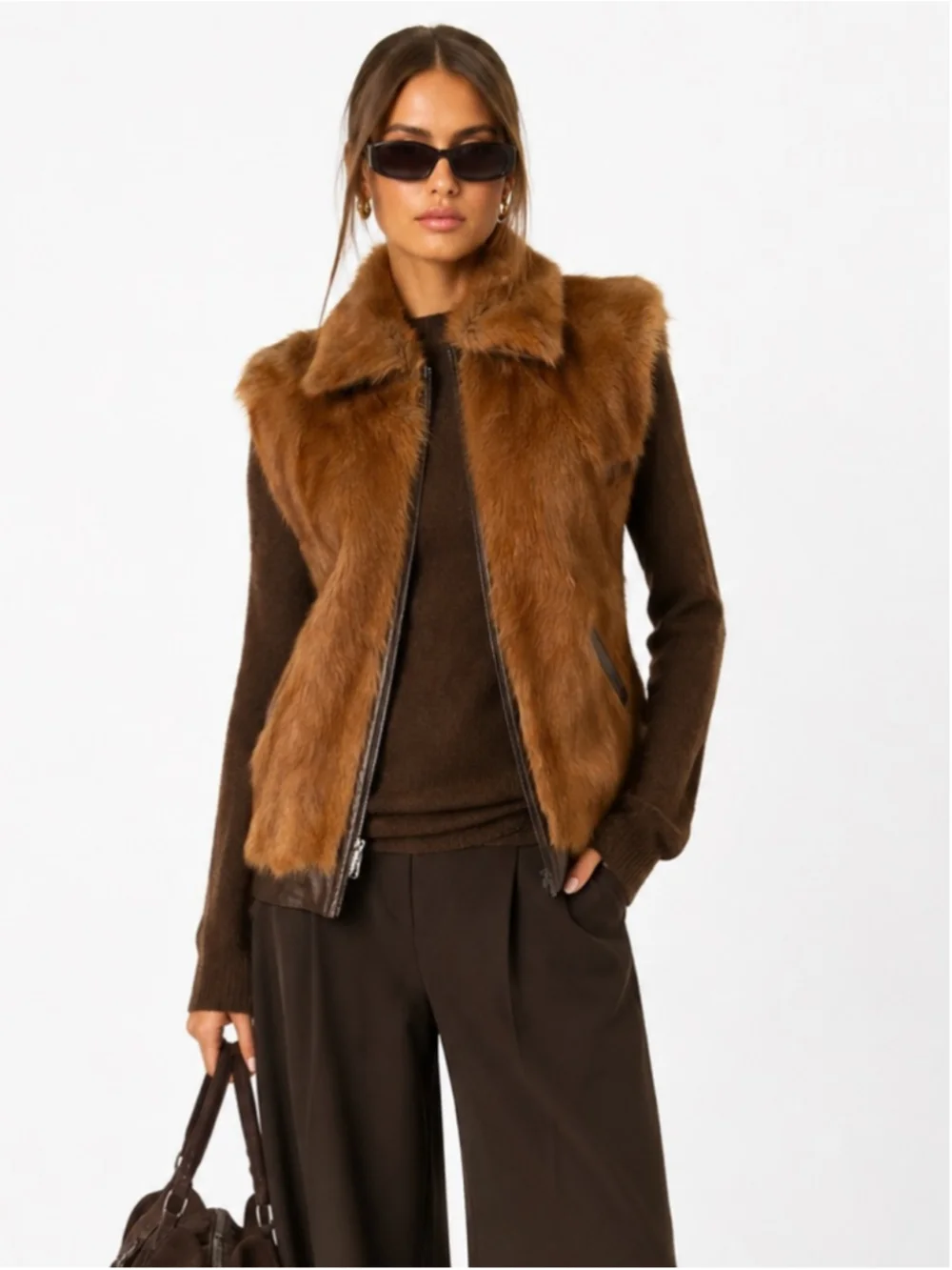 Vintage Genuine Fur Leather Trim Vest Brown Caramel Statement Gilet